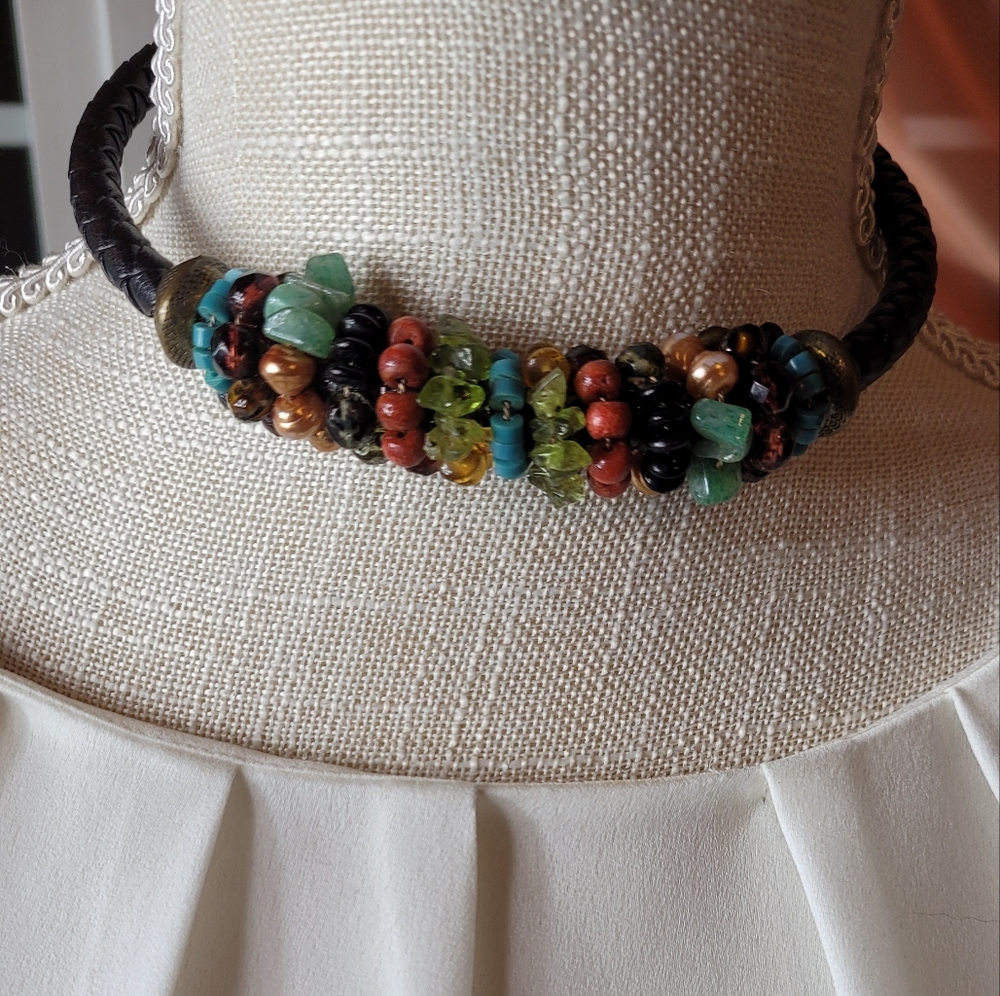 Braided Leather Memory Wire Beaded Choker Necklace